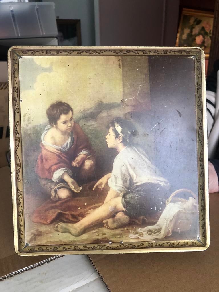 Ancienne boîte en métal « les joueurs de dés » Murillo, Utilisé, Biscuits, Autres marques