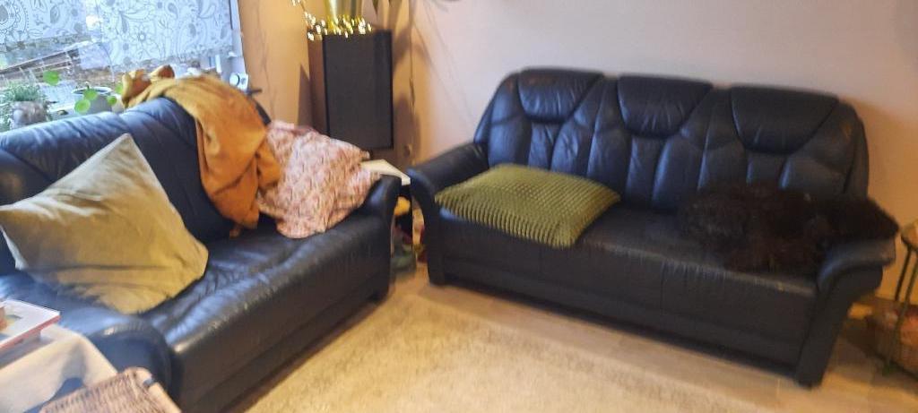 Degelijke lederen twee en driezit  te koop, Huis en Inrichting, Zetels | Zetels, Gebruikt, 150 tot 200 cm, Driepersoons, Rechte bank