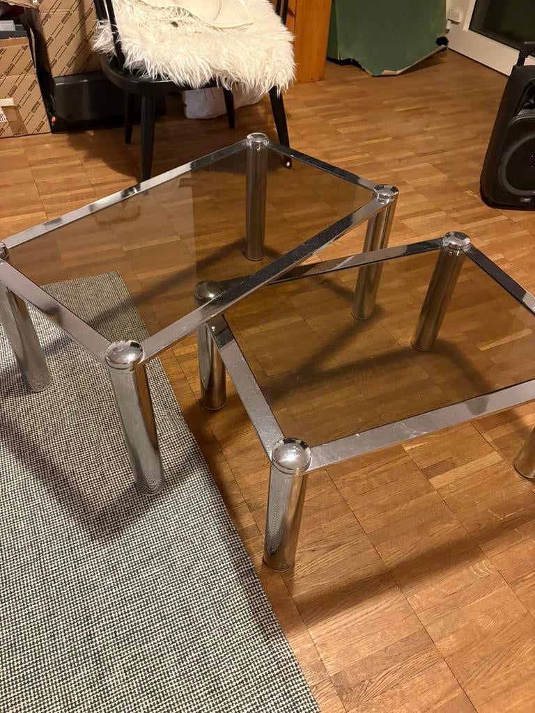 Chrome vintage bijzettafeltjes, Enlèvement, Comme neuf, Verre, Vintage