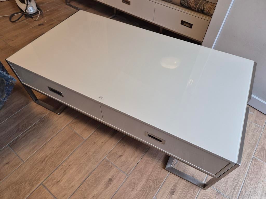 Ensemble meuble tv + table basse blanc pieds argentés métal, Enlèvement, Métal