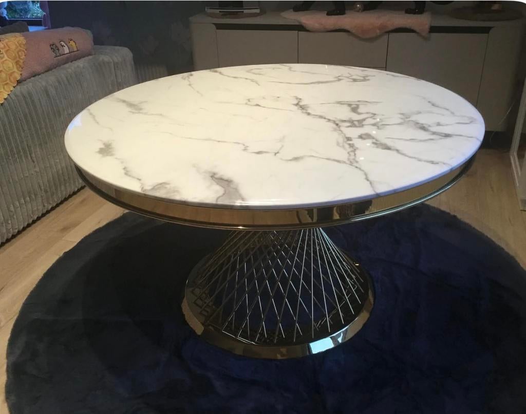 Ronde eettafel met marmeren blad, Huis en Inrichting, Ophalen, Zo goed als nieuw