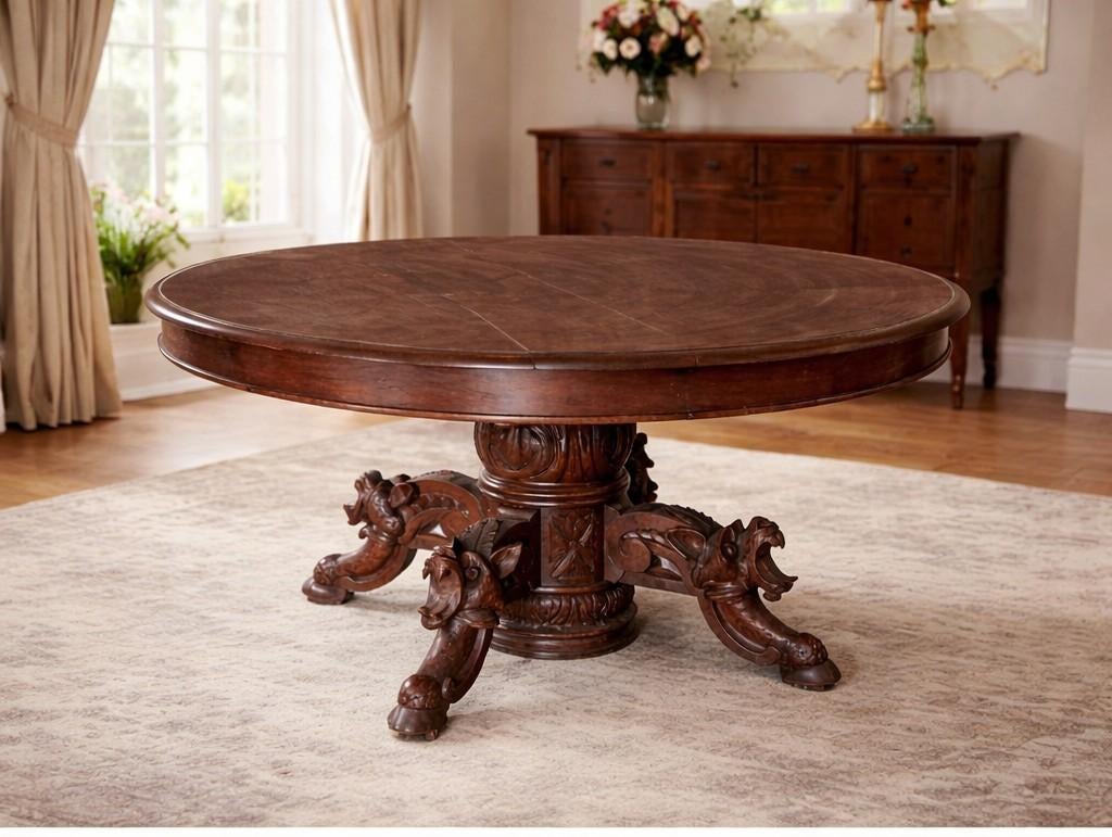 Een zeer statige, ronde eikenhouten tafel in Neo-Renaissance, Antiquités & Art, Antiquités | Meubles | Tables, Enlèvement