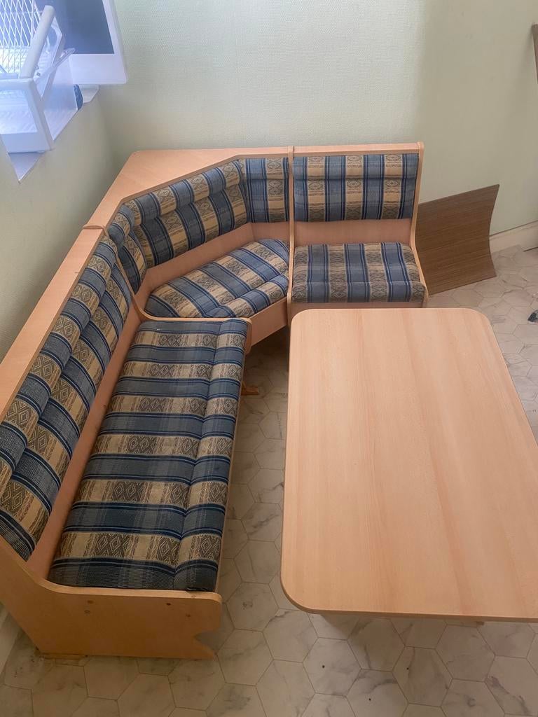 Coin repas complet – Banquette d’angle + table + 3 chaises, Enlèvement, Comme neuf