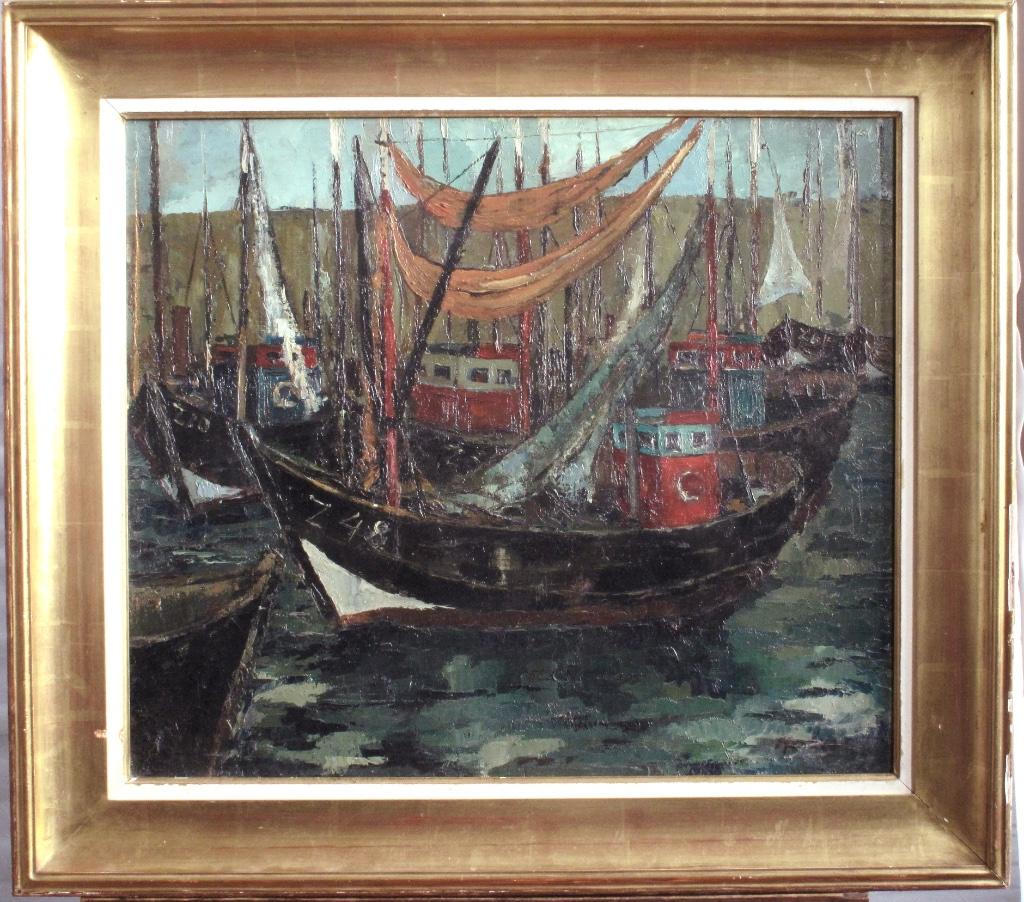 Huile, Bateaux de pêche à Zeebrugge, signé à identifier, Antiek en Kunst, Kunst | Schilderijen | Klassiek, Ophalen of Verzenden