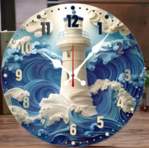 Ronde wandklok van hout Witte Vuurtoren (25cm), Ophalen of Verzenden, Nieuw, Wandklok