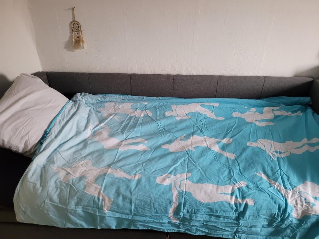 lit complet en tissu gris, Maison & Meubles, 90 cm, Gris, Tissu, Enlèvement