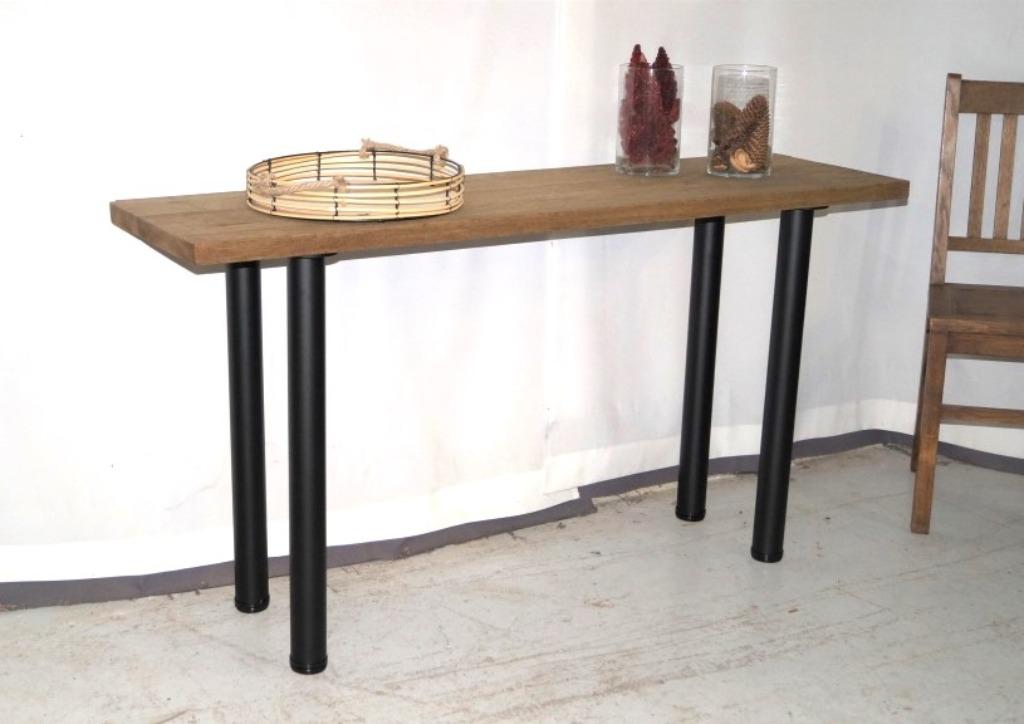 Smalle oude eiken muur-/schrijf tafel met ijzeren poten L142, Antiek en Kunst, Antiek | Meubels | Tafels, Ophalen