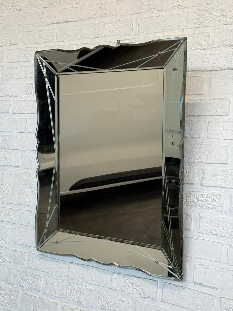 Grand miroir vintage biseauté et gravé style italienArt Déco, Enlèvement, Rectangulaire, 50 à 100 cm, Moins de 100 cm