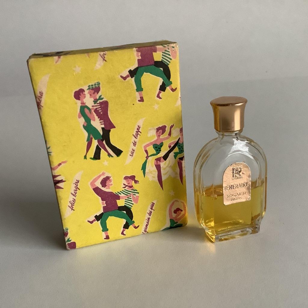 vintage miniatuur parfumflesje Rigaud Téméraire uit 1952, Verzamelen, Ophalen of Verzenden, Gebruikt, Miniatuur, Gevuld