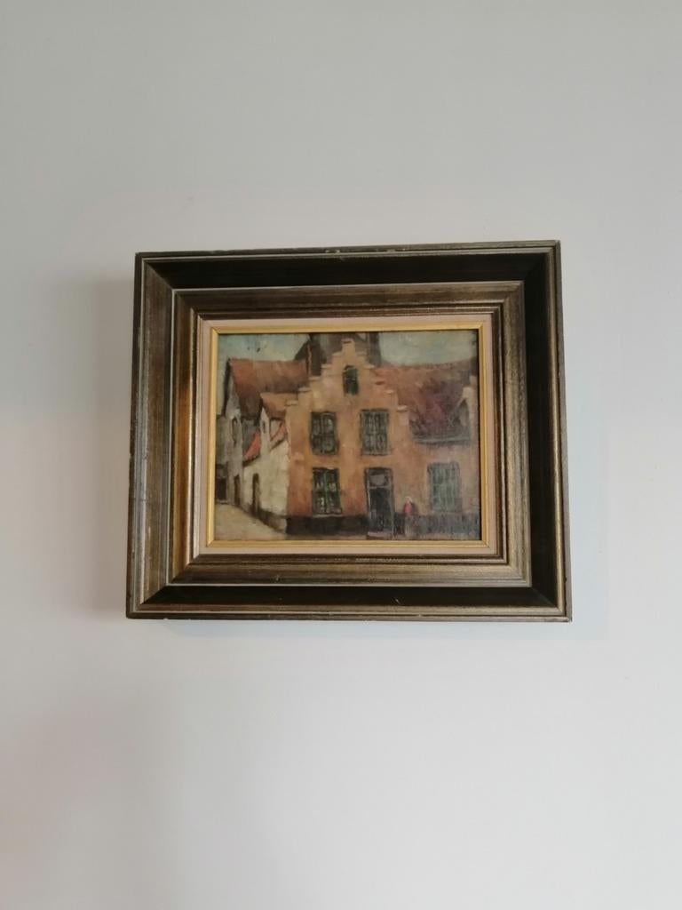 Schilderijtje op paneel van huisje., Ophalen