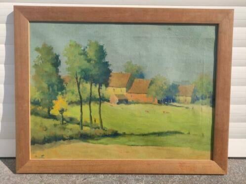 huile sur toile paysage avec ferme signe henri mathy, Antiquités & Art, Enlèvement ou Envoi