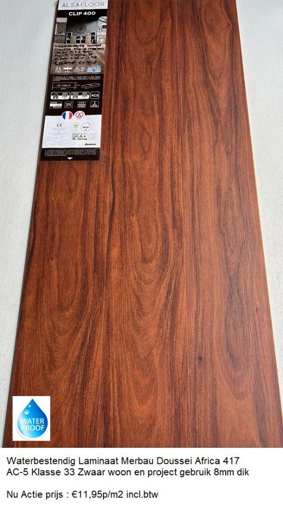 Laminaat Merbau Doussie 417 AC-5 8mm dik €14,95m2, 75 m² of meer, Nieuw, Ophalen of Verzenden, Rood