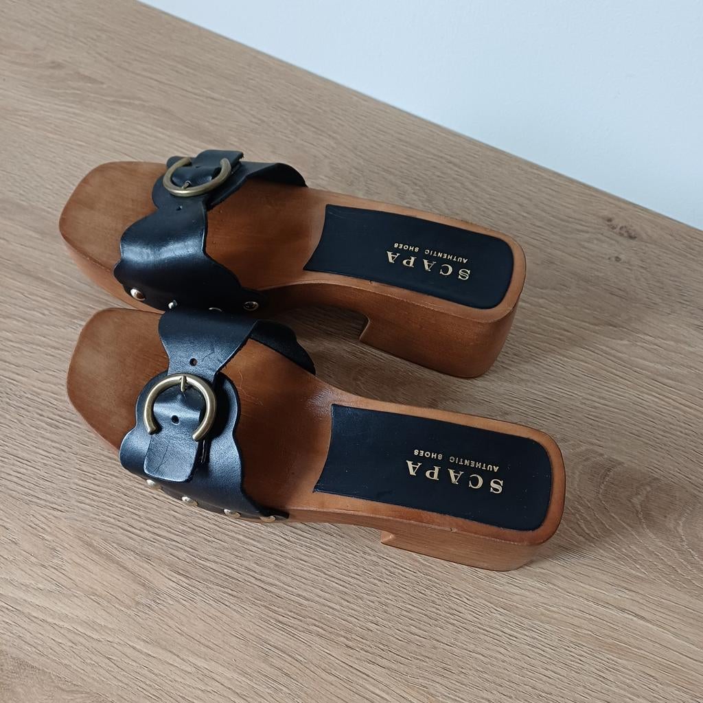 Klompje naturel zwart leder merk Scapa, Kleding | Dames, Ophalen of Verzenden, Zo goed als nieuw, Zwart