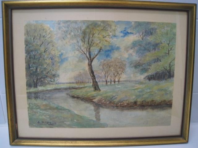 Schilderij landschap met riviertje en bomen, Antiquités & Art, Art | Peinture | Classique, Enlèvement