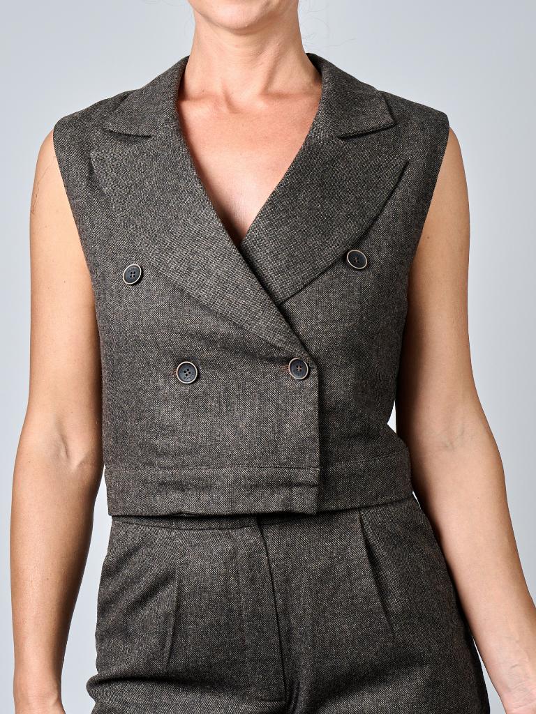 Wol Tweed Pak Set Bruin-Grijs Blazer Vest Rok Shorts M nieuw, Kleding | Dames, Maat 38/40 (M), Kostuum of Pak, Bruin, Verzenden