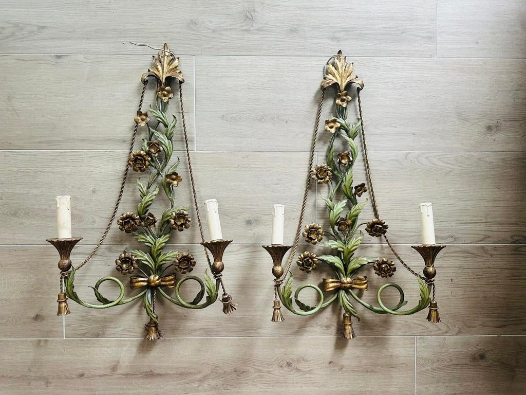 Antieke wandlampen 2x Italiaans tole, florentijnse stijl, Huis en Inrichting, Ophalen, Zo goed als nieuw, Metaal