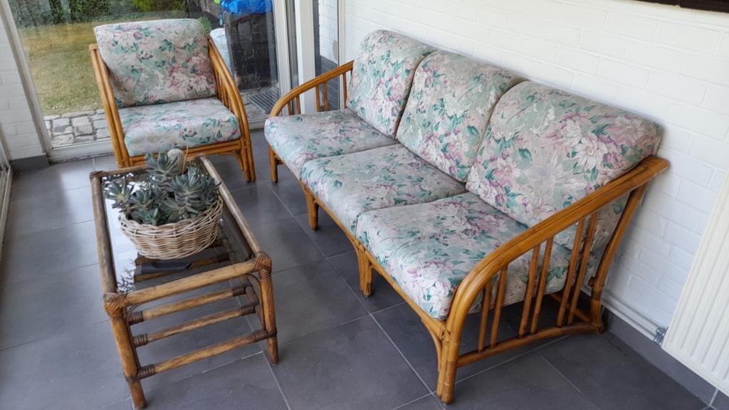 Salon rotin/bambou pour terrasse, Jardin & Terrasse, Ensembles de jardin, Utilisé, Rotin, 4 places, Enlèvement