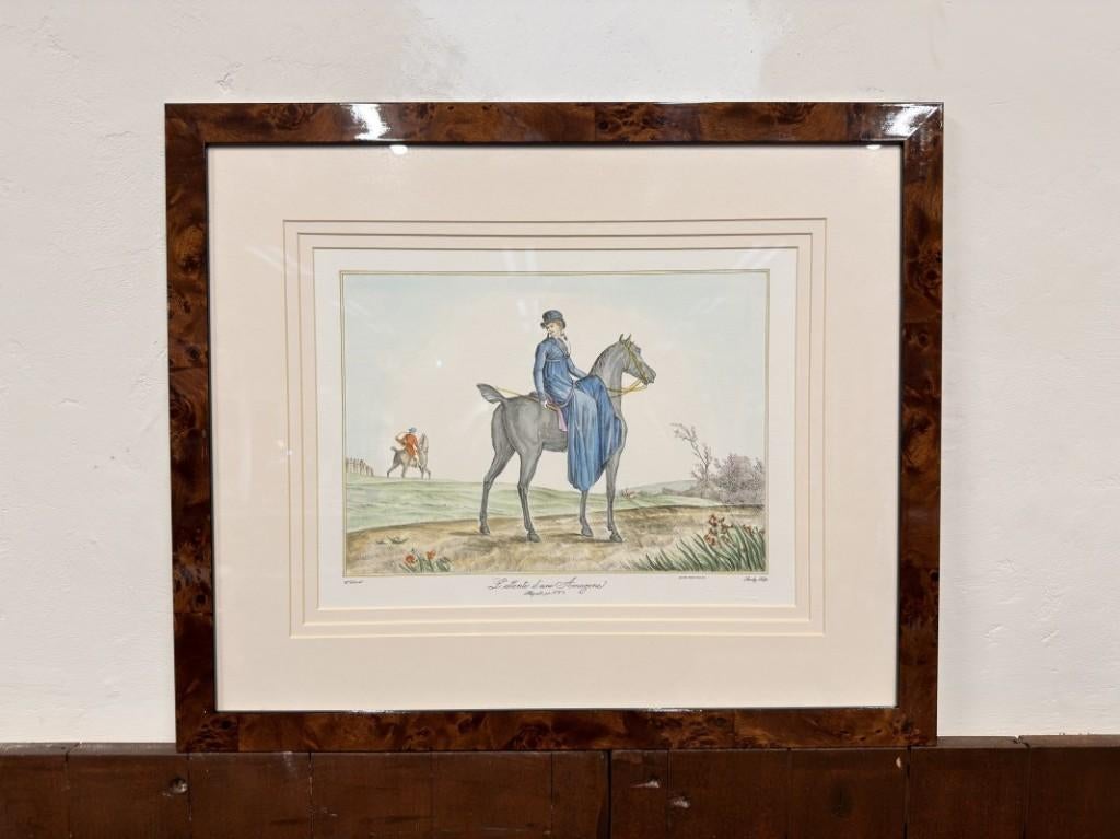 Engelse prent Ruiter in notenhouten lijst, Antiek en Kunst, Ophalen