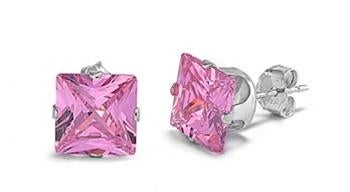 Oorbellen vierkant roze zirkonia 8mm 925 zilver - OP=OP!, Bijoux, Sacs & Beauté, Boucles d'oreilles, Enlèvement ou Envoi, Rose