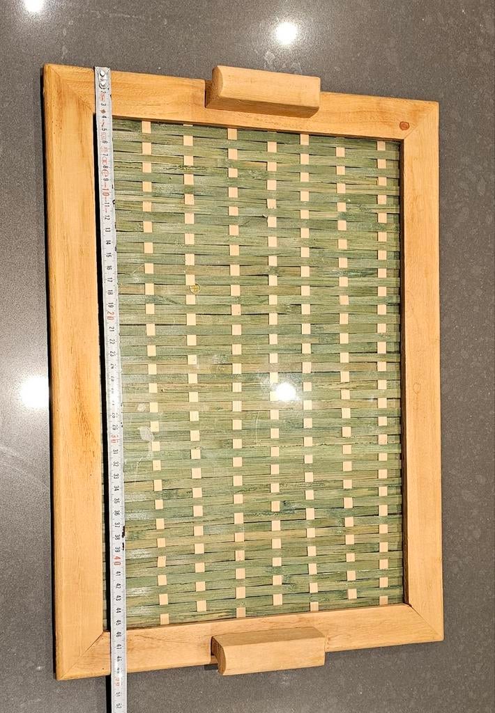 Houten dienblad Glas en rieten 50x35cm, Huis en Inrichting, Woonaccessoires | Dienbladen, Ophalen, Hout