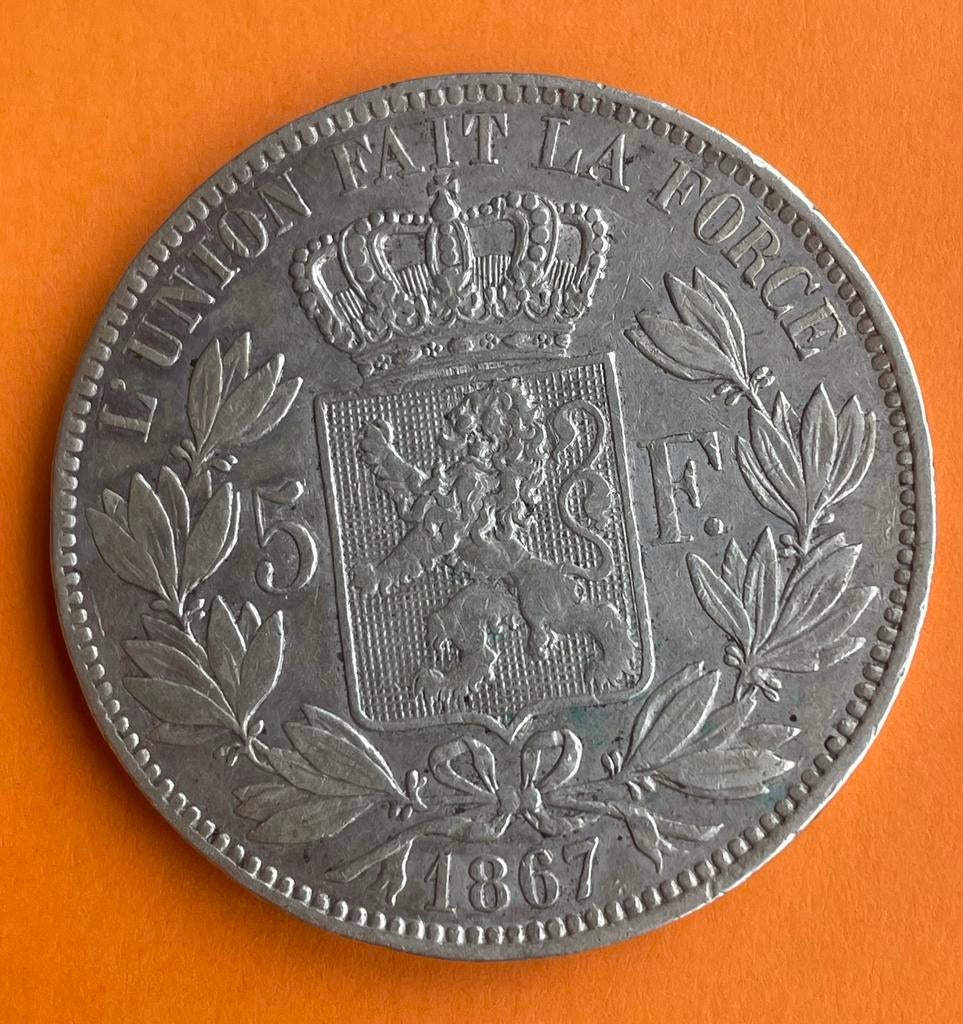 1867 - 5 francs - Leopold II, Postzegels en Munten, Ophalen of Verzenden, Zilver