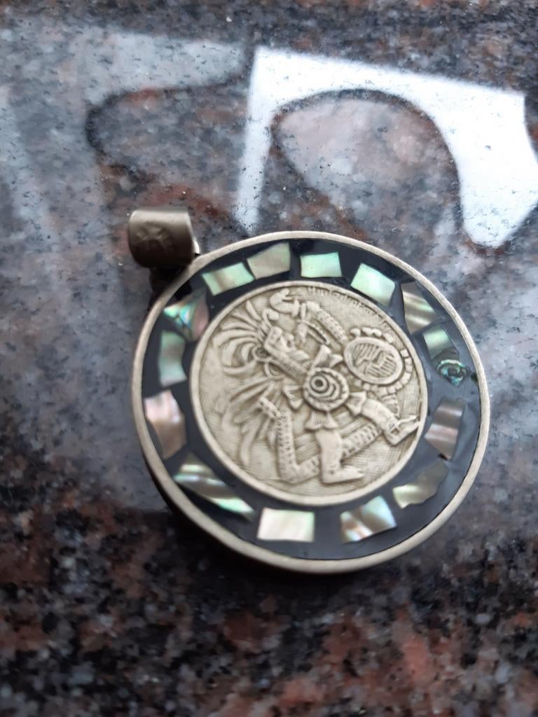 Oude zilver Maya hanger met onyx, Ophalen of Verzenden, Zilver, Zilver