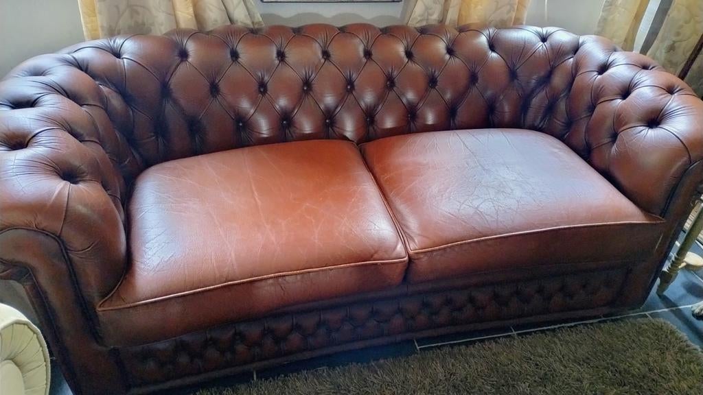 Chesterfield, cognac kleur, tweezit en clubzetel,leder, Ophalen