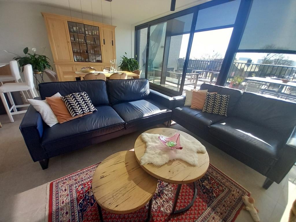 Leder salon, 3-zit + 2-zit, kleur blauw, modern., Huis en Inrichting, Ophalen