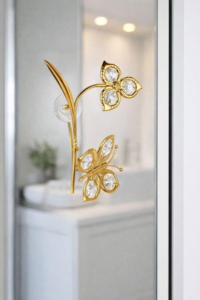 24K Vergulde Vlinder & Bloem met Kristallen | Luxe Cadeau, Huis en Inrichting, Woonaccessoires | Overige, Verzenden, Nieuw, Goud