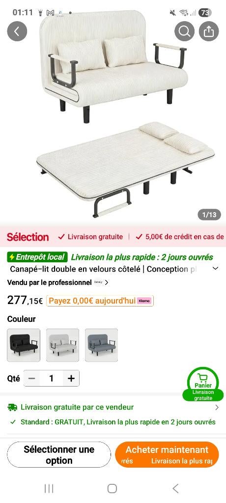 Canapé lit 2 places, Maison & Meubles, Neuf, 150 à 200 cm, Enlèvement, Deux personnes