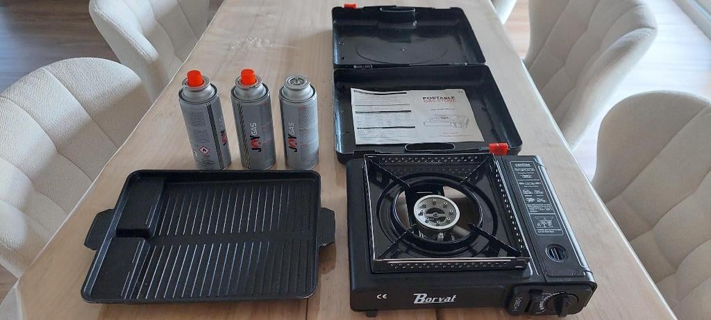 Draagbaar gasfornuis-Camping Kookstel+3 gasflessen+grilplaat, Caravans en Kamperen, Kampeeraccessoires, Ophalen of Verzenden, Zo goed als nieuw