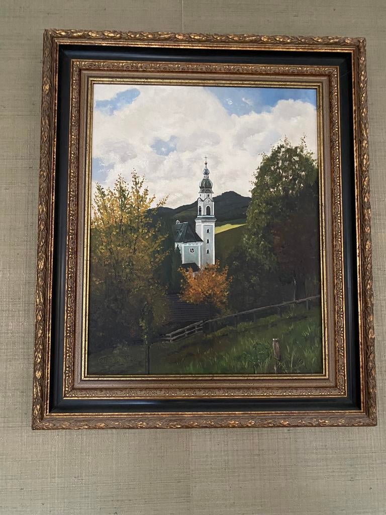 Mooi schilderij met mooie dure kader. Kerk van Toblach, Antiek en Kunst, Ophalen of Verzenden