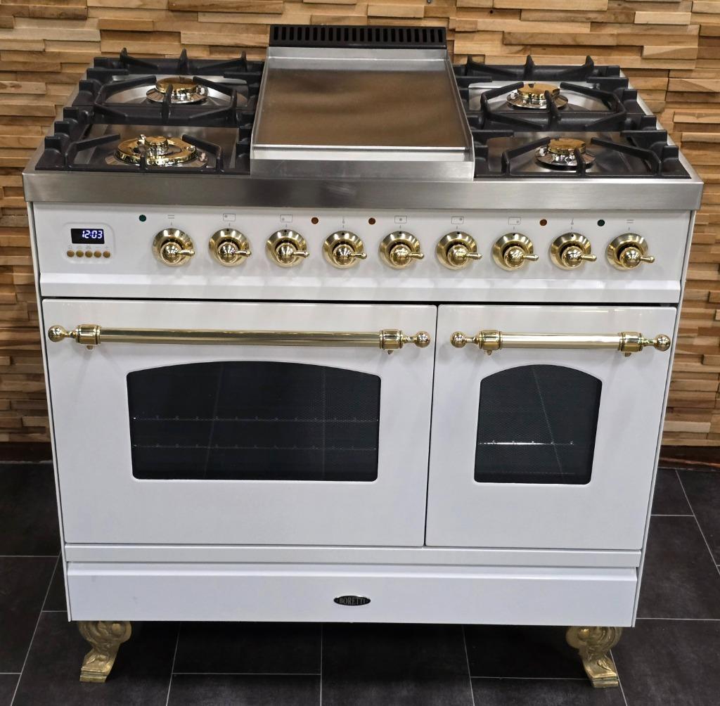 🔥Luxe Fornuis Boretti 90 cm hoogglans wit messing 300 oven, 60 cm of meer, Ophalen of Verzenden, Zo goed als nieuw, Energieklasse A of zuiniger