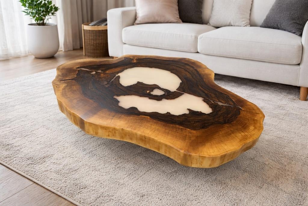 Nature's Masterpiece - Table basse unique en noyer et époxy, Neuf, Autres essences de bois, Moins de 50 cm, Rustiek