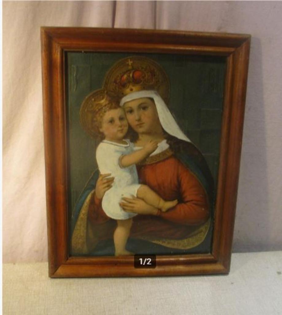 Prachtige Antieke Prent 'Maagd Maria met Jezus' - 48x38, Ophalen of Verzenden