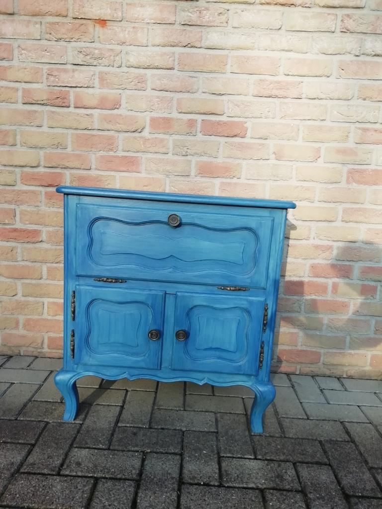 Antiek eiken kastje blauw gepatineerd, Antiek en Kunst, Ophalen