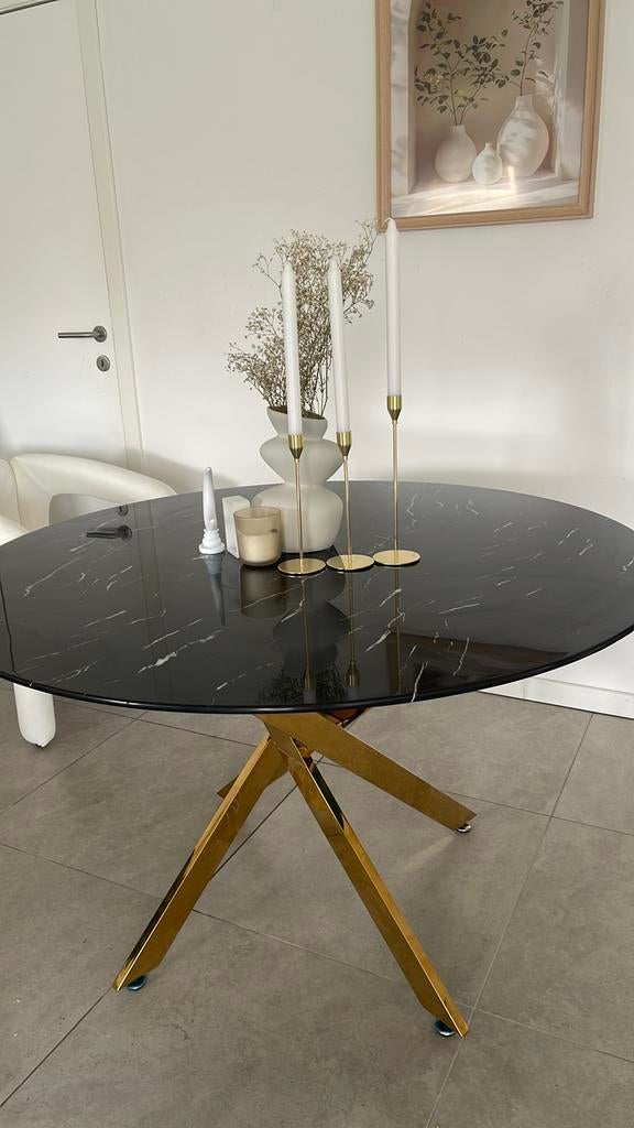 Mooie eettafel met 4 zwarte stoelen, Huis en Inrichting, Tafels | Eettafels, Ophalen, Gebruikt, Rond, Glas