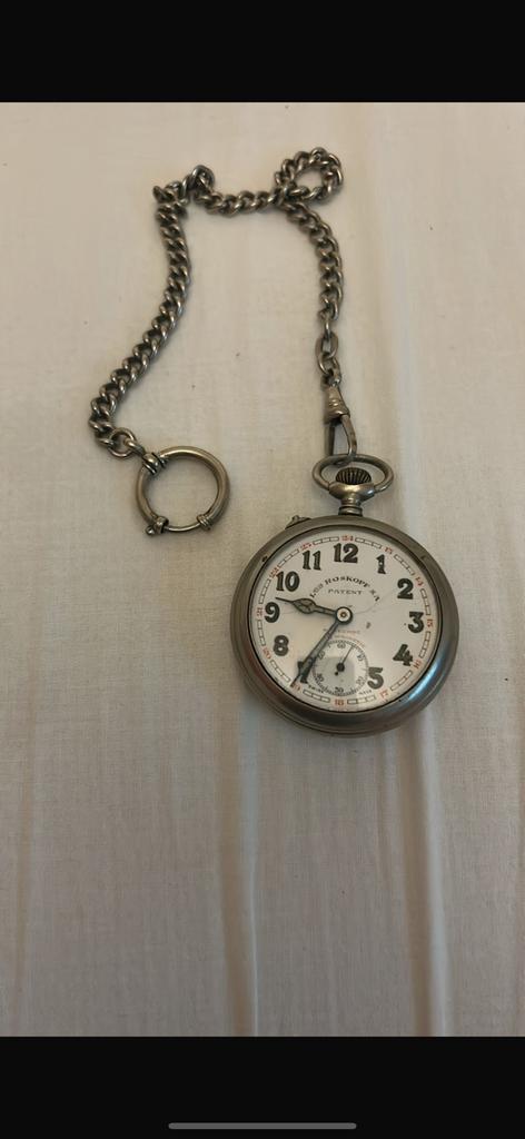 Montre de poche ancienne Roskopf Patent avec chaîne., Handtassen en Accessoires, Horloges | Antiek, Zakhorloge, Met ketting, Ophalen