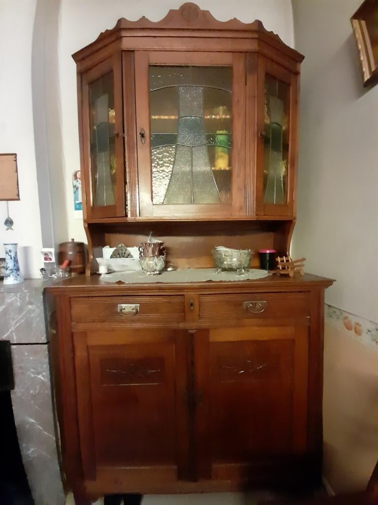 Buffet ancien, verre coloré, bon état, Antiek, Chêne, Avec tablette(s), 100 à 150 cm