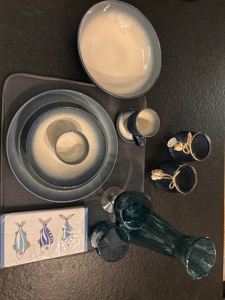 6 delig blauw handmade servies/ glasservies, Ophalen, Nieuw, Overige stijlen, Porselein