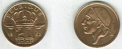 Belgique : 20 cents 1962 FR (le plus rare) = morin 732, Envoi, Monnaie en vrac