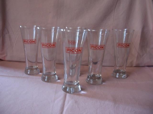 Picon 6 fluitglazen rode tekst rode rechthoek PICON., Ophalen of Verzenden, Zo goed als nieuw, Gebruiksvoorwerp