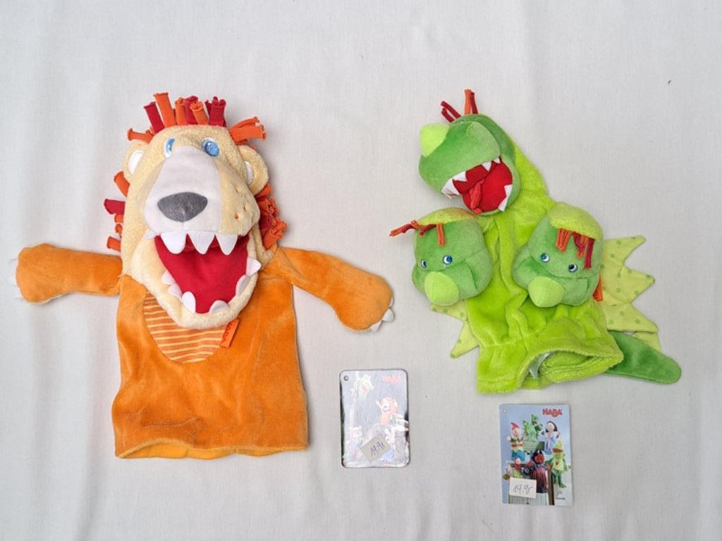 Haba twee handpoppen: leeuw en draak, Ophalen of Verzenden, Zo goed als nieuw, Overige typen