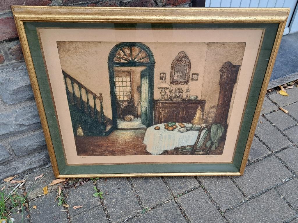 gravure interieur de maison signe albert geudens, Ophalen