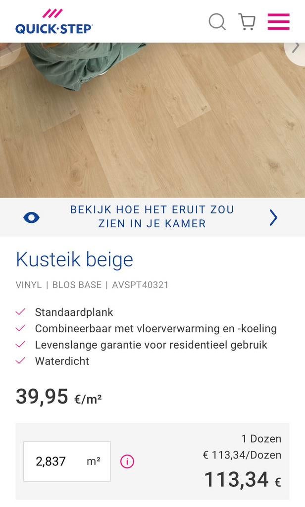 12m2 Quick step vinyllaminaat Kusteik beige AVSPT40321, Maison & Meubles, Ameublement | Revêtements de sol, Enlèvement, Neuf, 10 à 25 m²