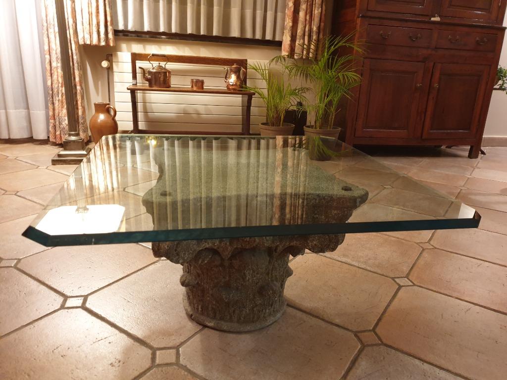 Salontafel in glas op Griekse zuil, Ophalen, Gebruikt, 50 tot 100 cm, 50 tot 100 cm