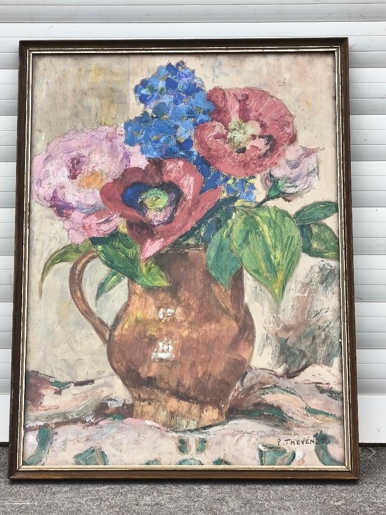 huile sur papier fleurs signe pierre thevenet, Antiquités & Art, Enlèvement ou Envoi