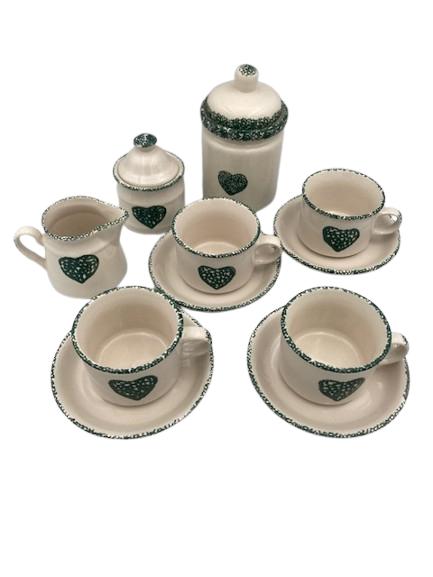 Landelijke koffieset met groene hartjes – 9-delig – keramiek, Gebruikt, -, Keramiek, -
