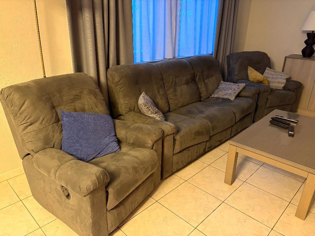 canape 3 places + 2 fauteuils relax (tissu alcantara), Maison & Meubles, 75 à 100 cm, Banc droit, Comme neuf, Enlèvement