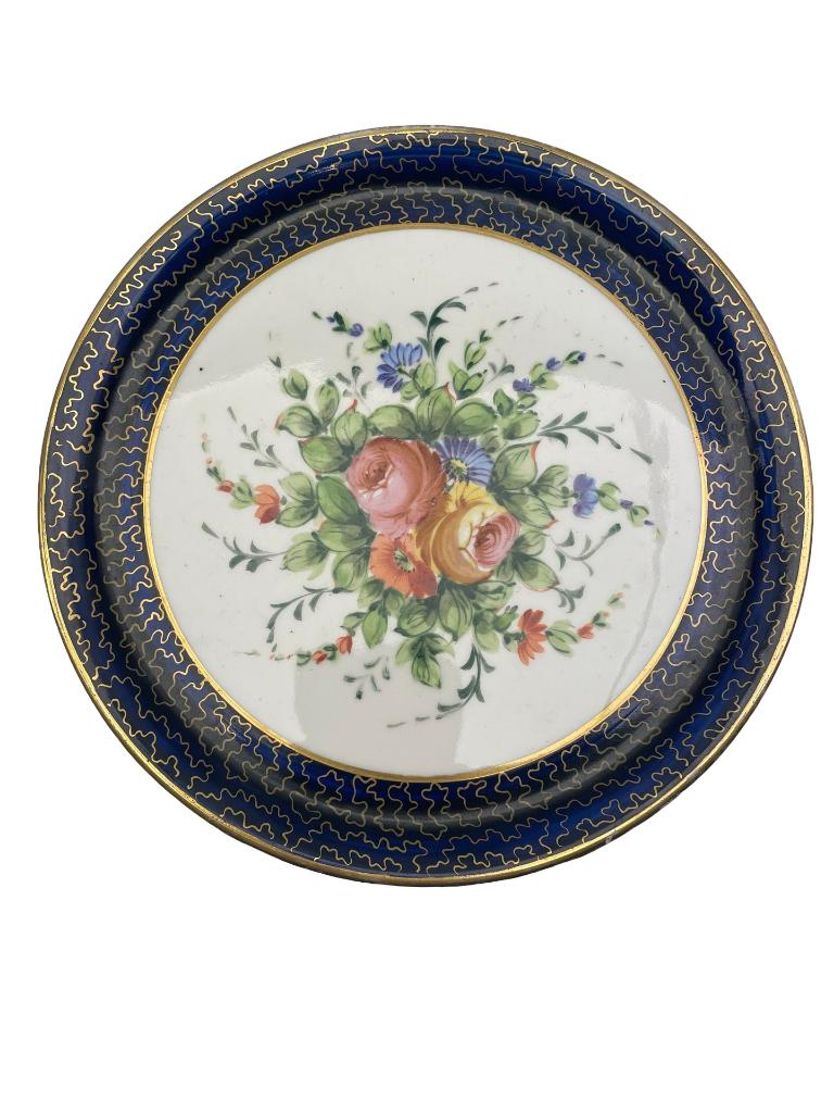 Assiette porcelaine décor floral bord bleu cobalt doré 22 cm, Enlèvement ou Envoi